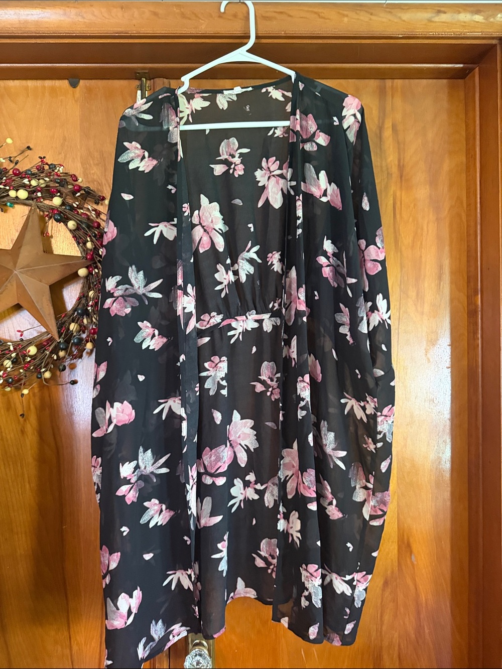 Maurices Black Floral Kimono with Pink and White Flowers
